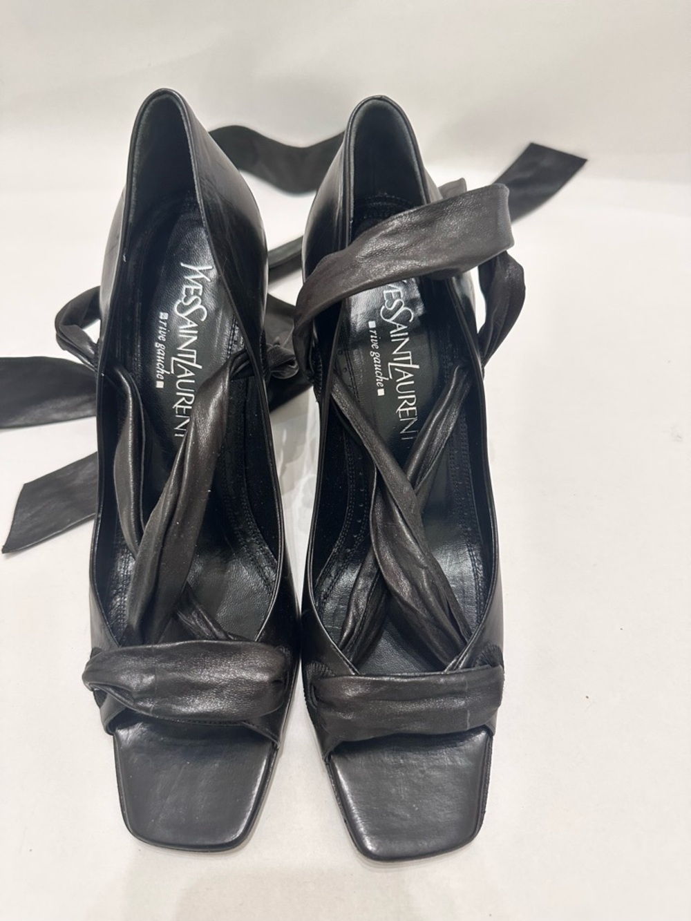 Yves Saint Laurent Black Leather Wrap Heels